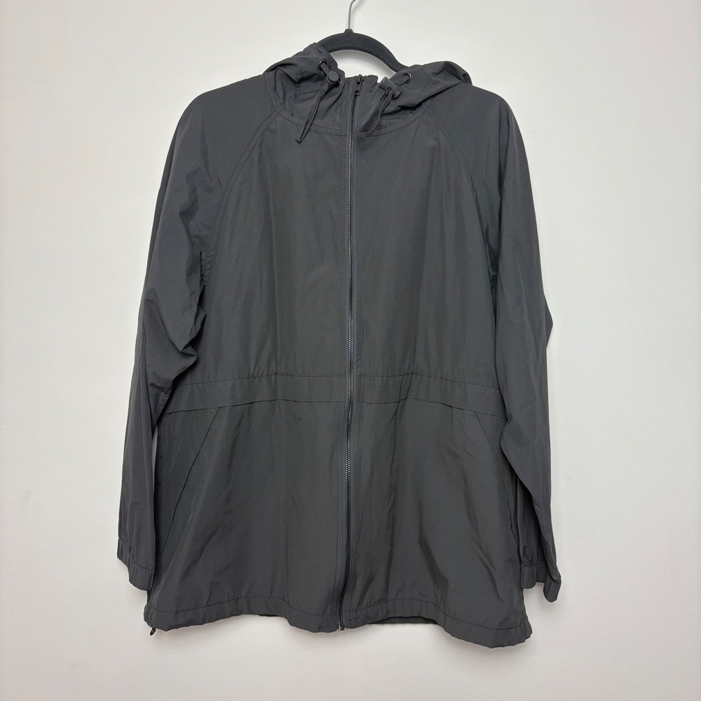 Eileen Fisher Anorak Jacket Hood Grey Nylon Zip Up L Petite Travel Rain Packable